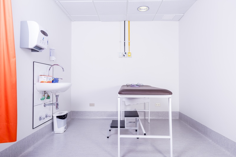 building, bed, hospital, white color, diagnosis, browse, absence, empty, bin, sink, trash, flooring, hospital ward, doctor, office, indoors, architecture