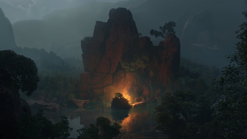 non-urban scene, plant, campfire, solid, land, scenics - nature, beauty in nature, fog, environment, rock formation, tree, cave, artwork, no people