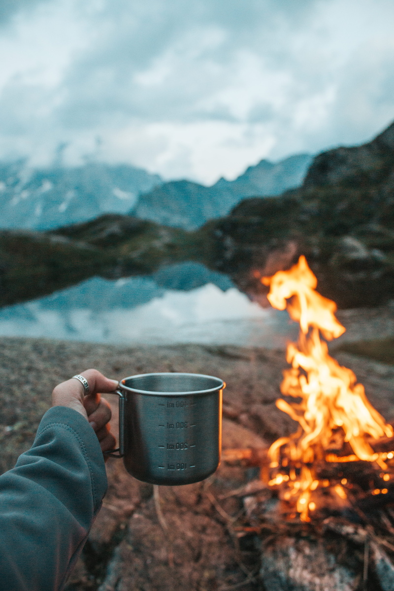 winter, vacations, camp mug, wood - Material, adventure, flame, outdoors, hand, explore, wander, wilderness, landscape, fire, mug, travel, person, campfire