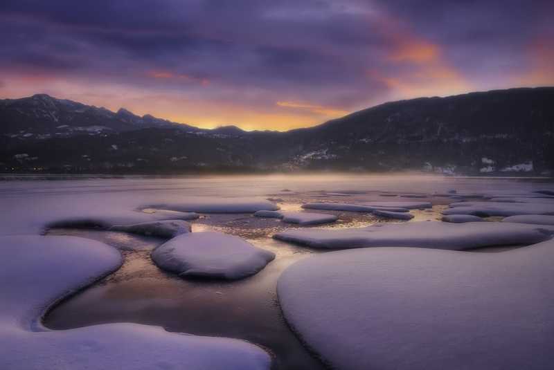 sunrise, sky, photo, mountain, morning, lake, near, covered, snow  Lake, beauty In Nature, scenics, snow, outdoors, sunset, sun, nature, clouds, reflection