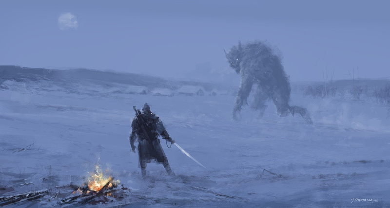 fantasy art, creature, bonfires, snow, 1080P, sword, village