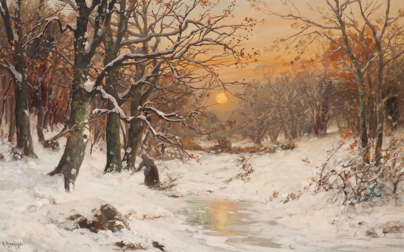 Alois Arnegger, Austrian painter, oil on canvas, A woman gathering wood in a winter dusk, 2K, A woman collects firewood in the winter twilight