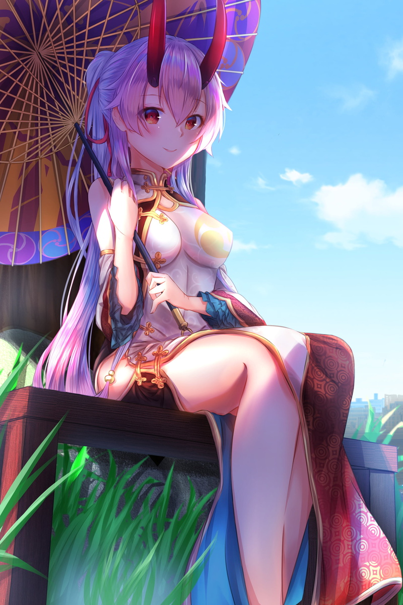 legs, sky, anime, red eyes, umbrella, horns, 2K, Fate/Grand Order, anime girls, Chinese dress, Tomoe Gozen (Fate/Grand Order), Archer Inferno (Fate/Grand Order)