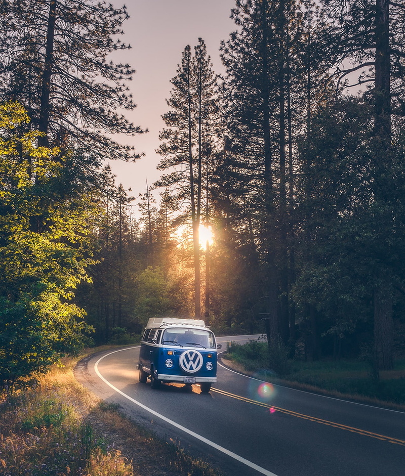 portrait display, Yosemite National Park, 720P, photography, vw bus, forest, road