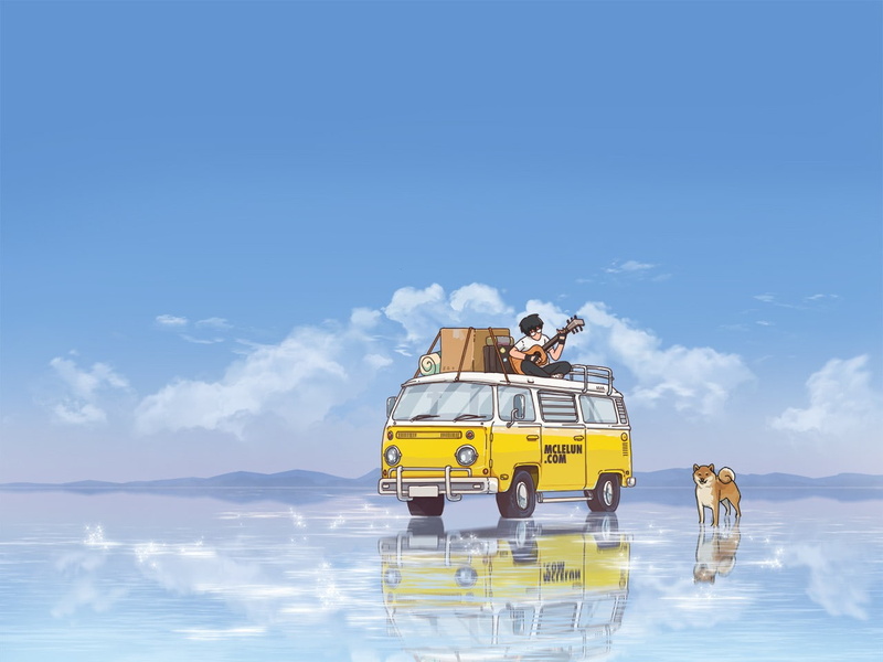 anime boys, 720P, reflection, dog, guitar, anime, sky, mountains, lake, vw bus, blue, clouds, car