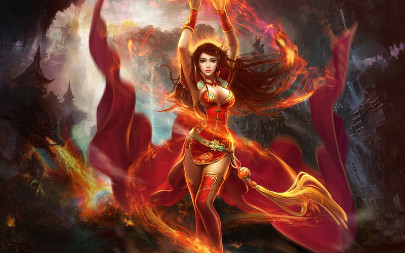 DotA 2, 1080P, Red Dress, Lina (DotA 2), Girl, Fantasy, Woman, Dota, Fire