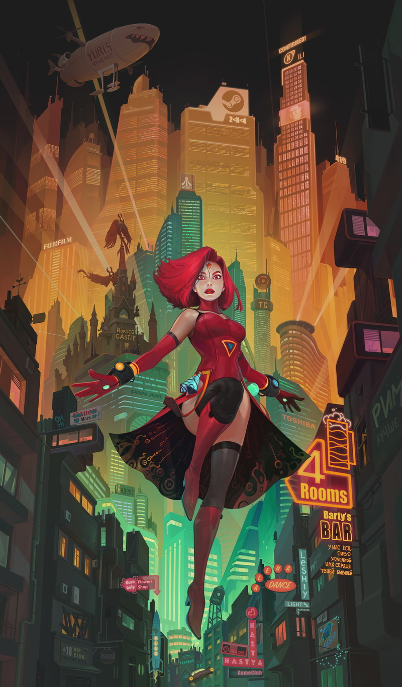 Dota 2, artwork, Igor Artyomenko, 2K, video games, Lina, neon, city