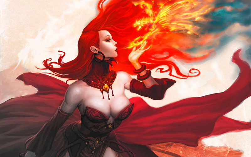 dota, digital composite, hd, adult, art and craft, 4K, paint, nature, fire, young adult, mobile, phones, lina, red, beautiful people, portrait, girl, females