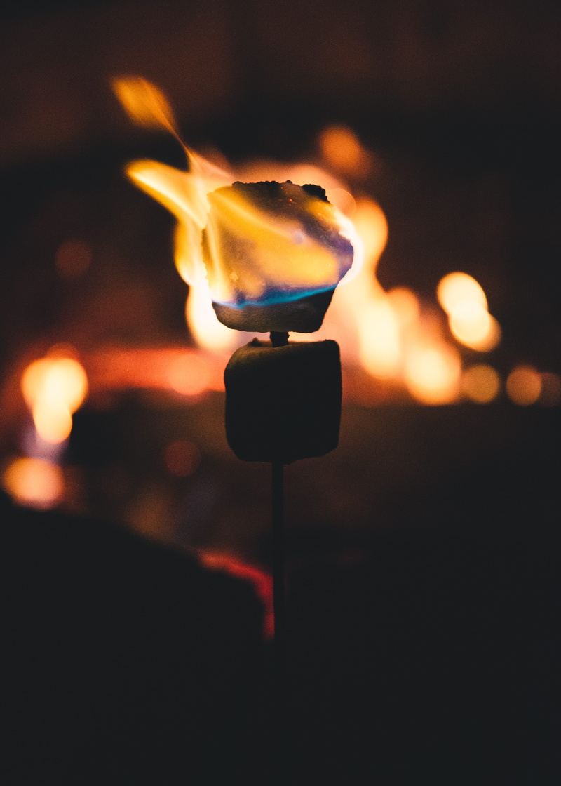 fall, motion, smores, fire, focus on foreground, heat - temperature, flames, smores, lighting equipment, illuminated, marshmallow, glowing, street light