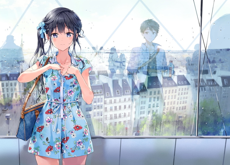 contemplation, women, built structure, transparent, Anime, glass - material, day, architecture, leisure activity, masamune-kun no revenge, 720P, adagaki aki