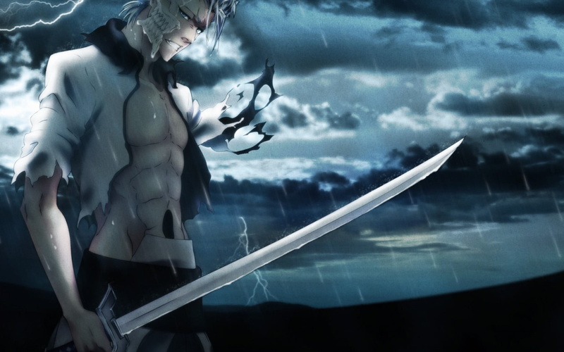 fantasy, nature, holding, contemplation, one person, Grimmjow Jaegerjaquez, 720P, water, day, adult, rain, man, art and craft, abs, sword, lifestyles