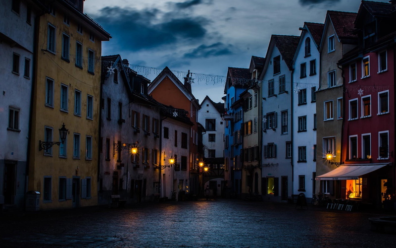 1080P, architecture, building exterior, light, residential district, painted, city, switzerland, cloud - sky, hd, canal, chur, nature, illuminated