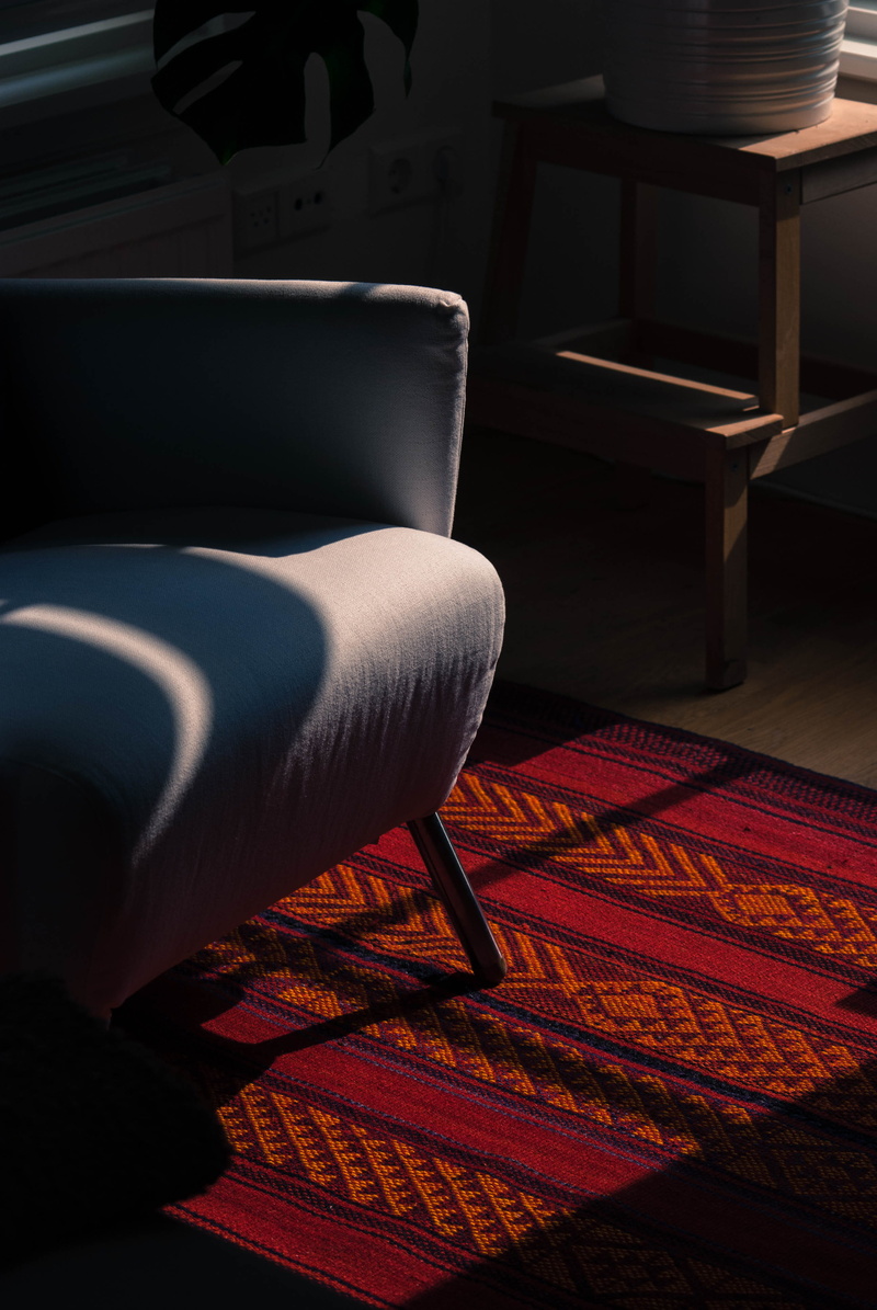 light, still life, shadow, gray, sofa, living room, 4K, relaxation, carpet, sunlight, no people, couch, design, wood - material, empty, day, armchair