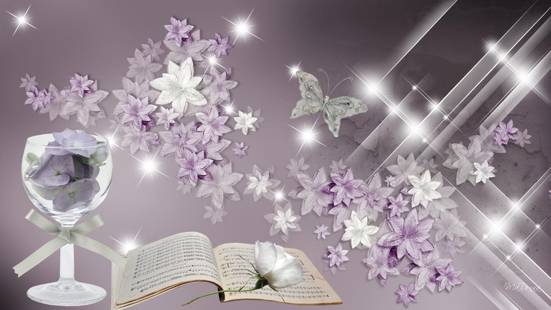 blass, goblet, stars, music, lavender, sparkles, book, summer, blossoms, 3d and, shine, 1080P, butterfly, rose
