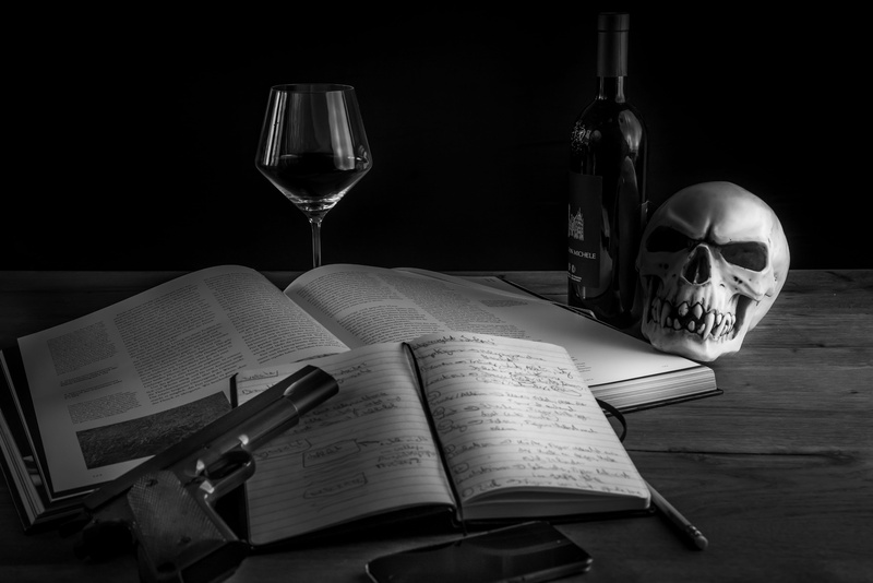 dark, text, glass, 5K, black background, wine, beverage, goblet, open, skull, wine glass, book, pistole, buch, household equipment, drinking glass, publication