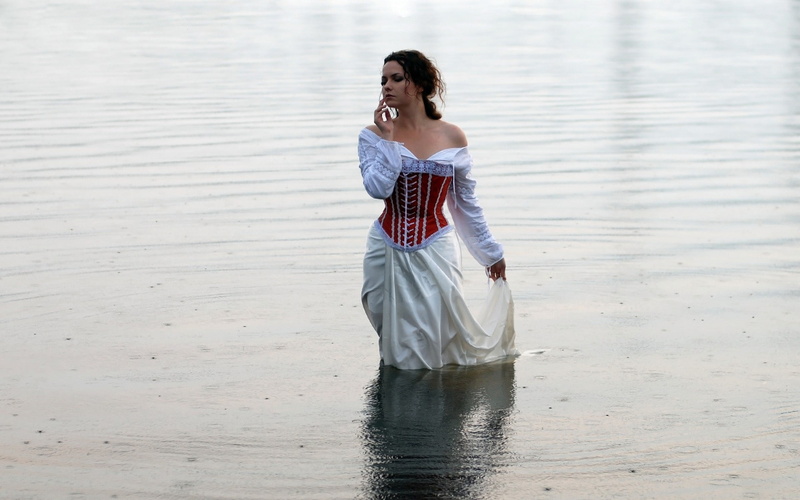 women, long hair, young women, water drops, ankle deep in water, front view, lifestyles, real people, day, looking, one person, women outdoors, three quarter length