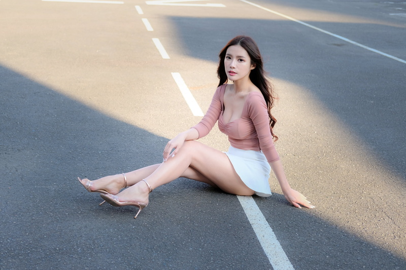 legs, sitting, ankle strap heels, women, women outdoors, Vivi Babier, Asian, parted lips, 4K, model, brunette, looking at viewer, outdoors, miniskirt