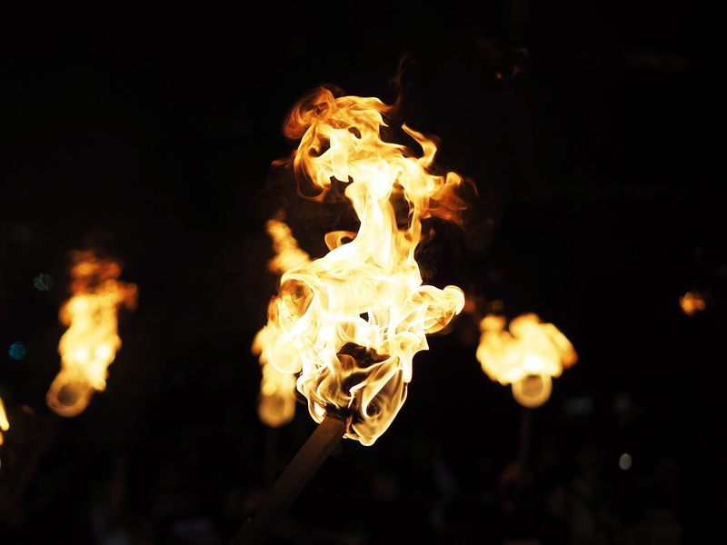 black, dessert, fire, candle, food, glowing, sign, yellow, focus on foreground, isolated, no people, light, bonfire, close-up, dark, torch, orange color