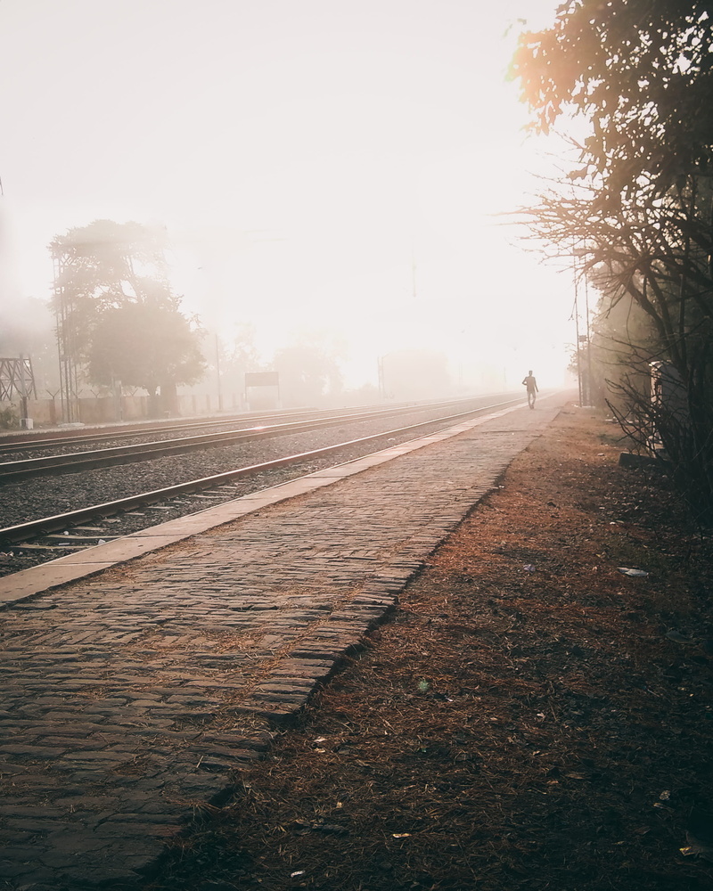 sunlight, rail transportation, morning, india, foggy, sky, street, end, 2K, city, moody, direction, sun rays, outdoors, kanpur, tree, diminishing perspective
