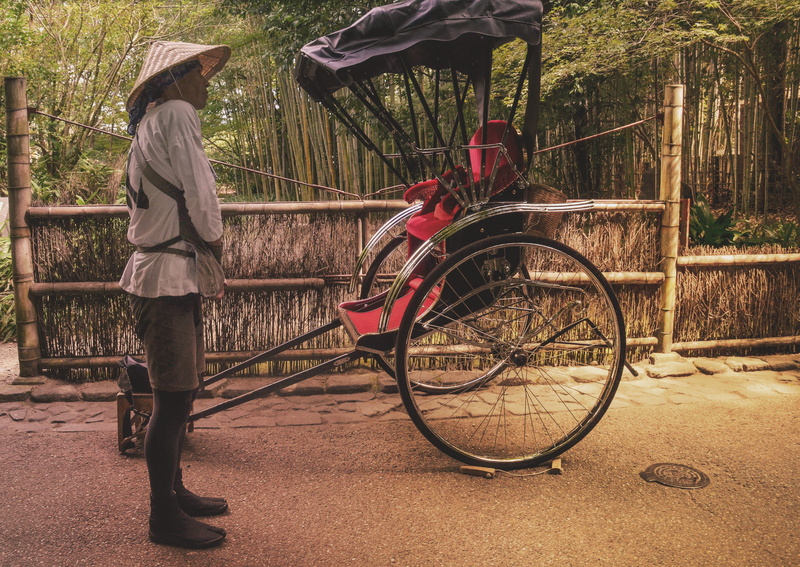 front, kyoto, rickshaw, park, japanese culture, fence, leisure activity, wheel, casual clothing, traditional, hardworking, mode of transportation, real people