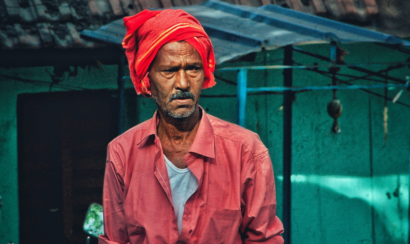dress, shirt, asian, front view, wrinkles, clothing, wearing, standing, hardwork, contemplation, adult, facial hair, waist up, 2K, orange, old man, retrato