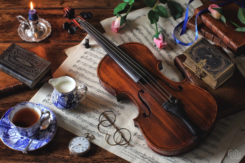 violin, milk, tea, books, notes, still life, watch, glasses, roses, 1080P