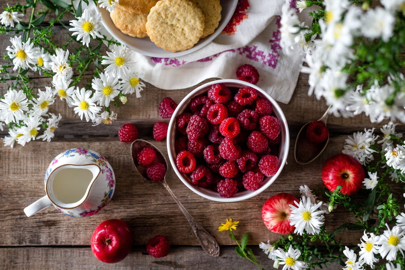 plate, garden, nature, red, wellbeing, flowering plant, food, high angle shot, cup, high angle view, perfume, bowl, raspberries, appetizer, wood - material