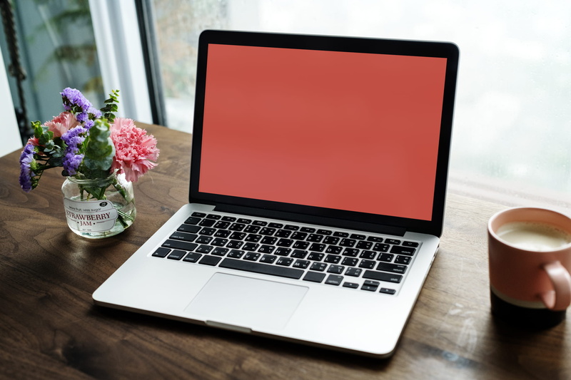 using laptop, coffee, beside, refreshment, screen, flower, empty, turn, glass, connection, food and drink, workspace, crockery, indoors, keyboard, technology