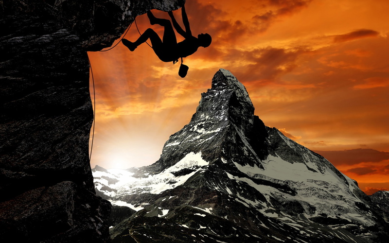 mountain, sunset, landscape, mountains, climber, 2K