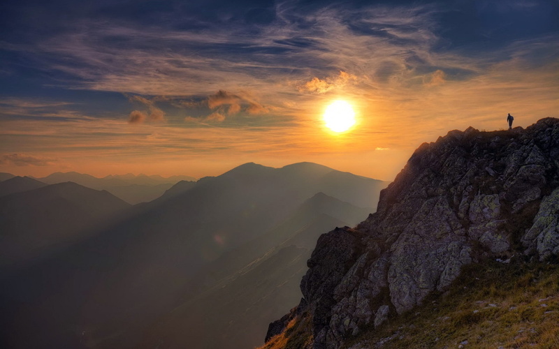 cloudscape, dawn, sunrise - Dawn, light, tranquility, hill, person, nature, back Lit, scenics - nature, mountain Range, landscape, fog, tranquil scene