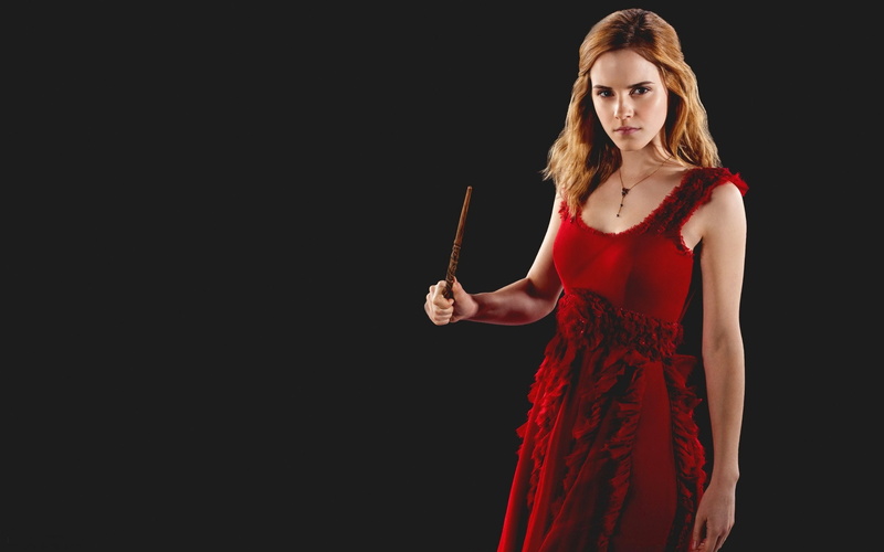 Hermione Granger, simple background, black background, movies, Harry Potter, Emma Watson, red dress, dress, 2K, actress, wizard, women