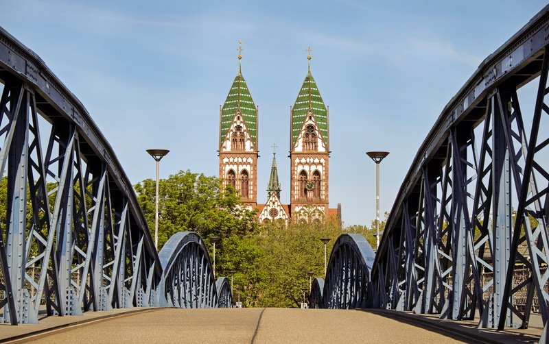 tourism, bridge, sky, gray, government, steel bridge, church, green, history, famous Place, building exterior, jesus heart, castle, freiburg, nature, architecture