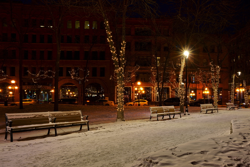frozen, christmas lights, christmas, weather, building exterior, city, lighting equipment, urban, night, street lights, road, no people, snowy, street light