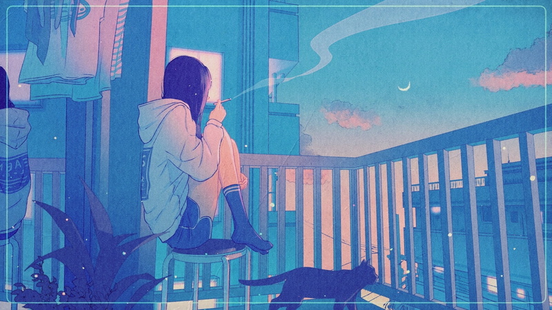flowerpot, black cats, anime, long hair, smoking, 1080P, anime girls, dark hair, cigarettes, night sky, sitting, balcony