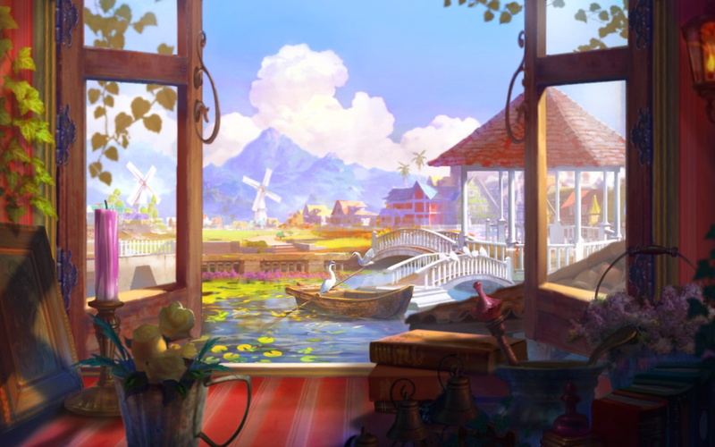 bridge, 720P, fantasy art, books, flowerpot, windmill, gazebo, Aion, clouds, window
