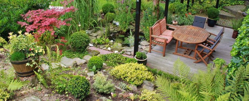 botany, wooden, seat, 4K, garden decoration, formal garden, day, table, middle, pond, front or back yard, flower, nature, growth, flowers, chair, terrace