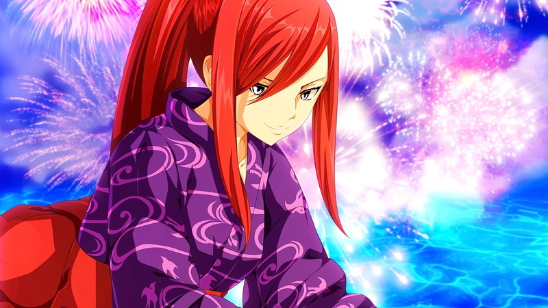 anime, ponytail, kimono, fireworks, Scarlet Erza, Fairy Tail, redhead, 1080P, anime girls