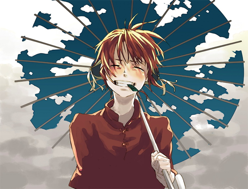 cloud - sky, outdoors, leisure activity, redhead, front view, child, character, 2K, portrait, real people, male, umbrella, nature, haired, waist up, Gintama