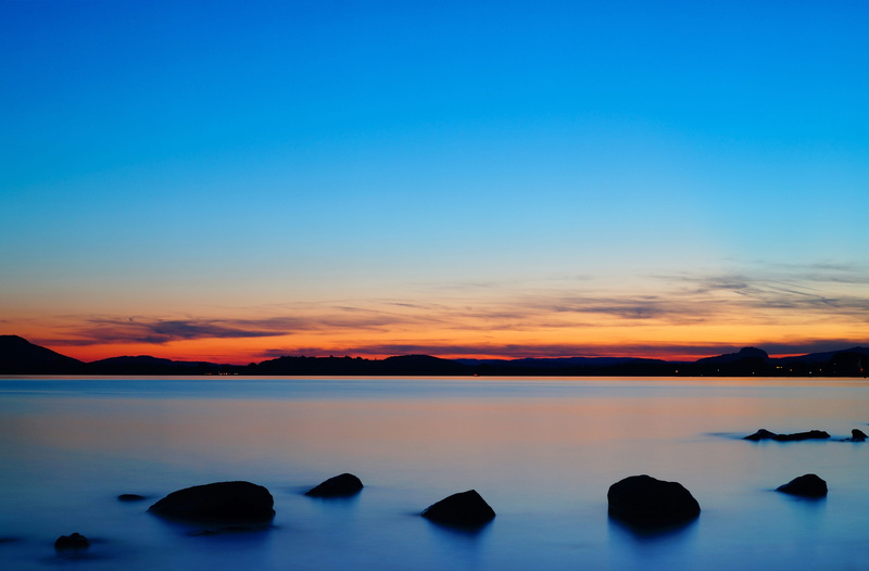 sunset, clouds, 5K, tranquility, blue, copy space, cloud - sky, stones, idyllic, lake constance, orange color, lake, water, tranquil scene, beauty in nature