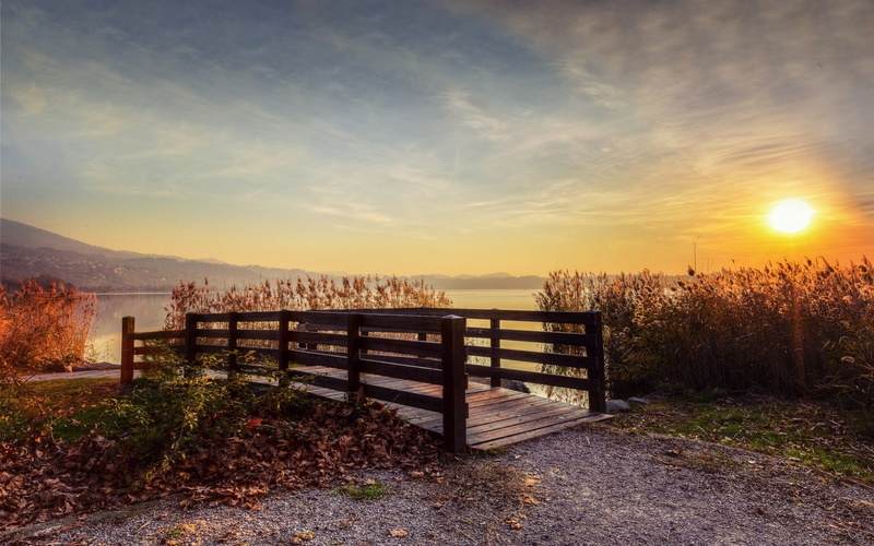 wood - material, sunset, Italy, non-urban scene, railing, nature, bridge, hills, black, the way forward, fall, tranquil scene, seat, sunlight