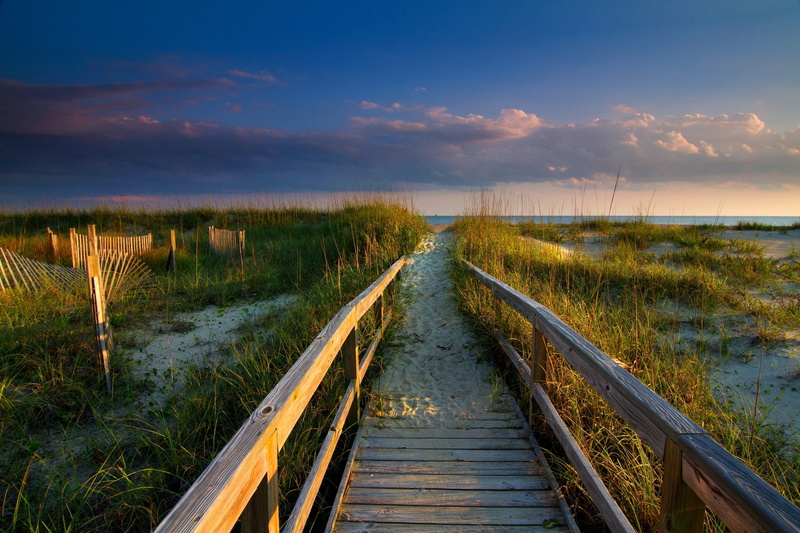 walkway, footpath, coast, diminishing perspective, railing, bridge, land, sky, landscape, clouds, scenics - nature, boardwalk, tranquil scene, non-urban scene