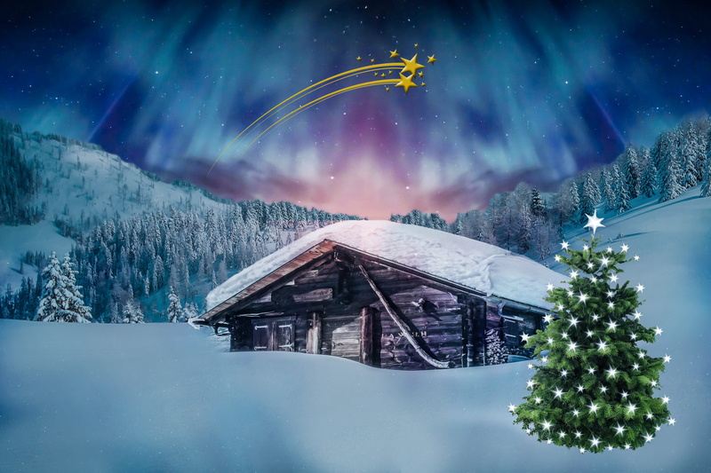outdoors, composing, nature, night, no people, snowcapped mountain, plant, fir tree, star, building exterior, architecture, winter, mountain, house, comet