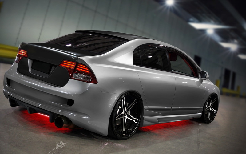 neon, speed, sedan, white color, tuning, civic, honda, street, luxury, modern, car, wheel, 1080P, transportation, red, focus on foreground, Honda Civic