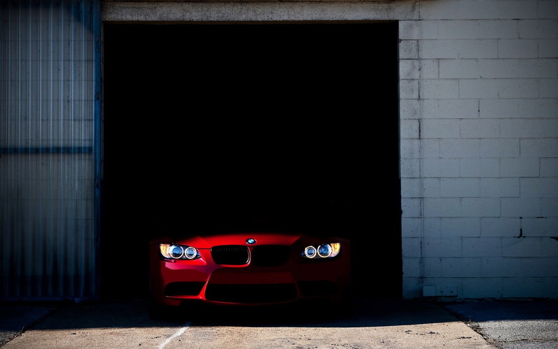 BMW, motor vehicle, architecture, garage, 1080P, red, wall - building feature, outdoors, city, mode of transportation, red cars, car, land vehicle, built structure