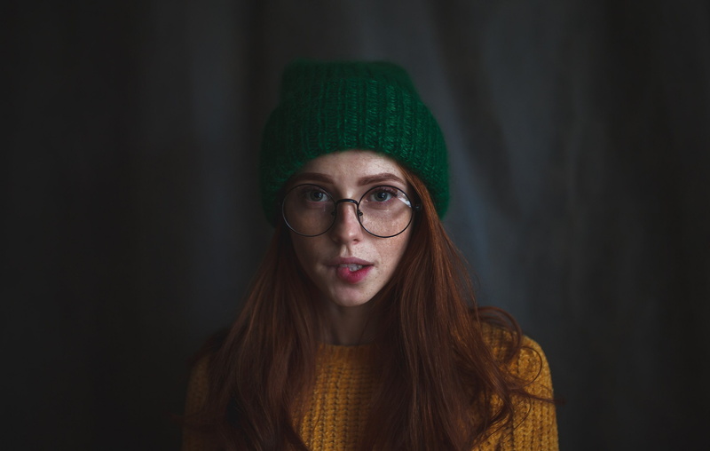 women, portrait, woolly hat, knitwear, redhead, biting lip, women with glasses, women indoors, model, sweater, looking at viewer, 2K