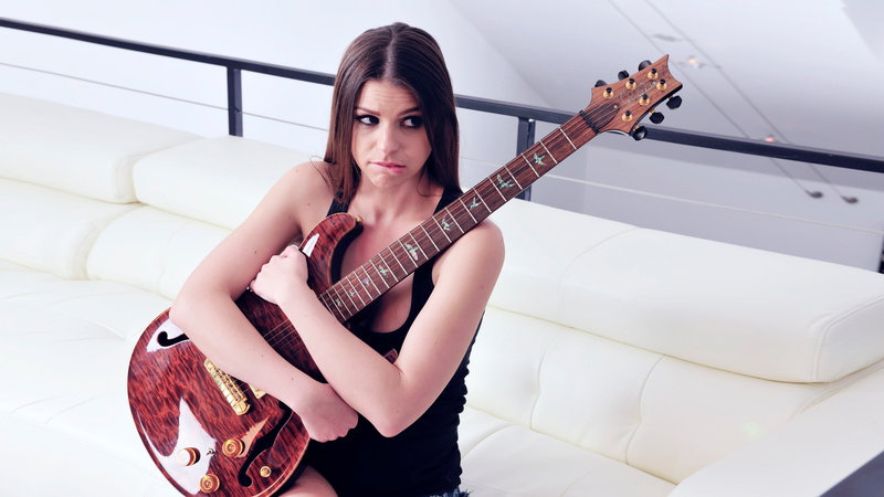 2K, model, female, sight, sad, hair, embraced, sitting, brunette, woman, beauty, Mike, beautiful, electric guitar, bored, pretty, biting her lip, embrace
