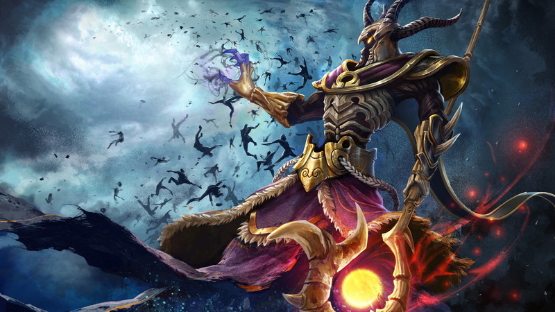 yellow eyes, creature, men, fantasy art, dark, painting, magician, spear, video games, guards, digital art, Greek, warrior, Hades, horns, Smite, 4K, artwork