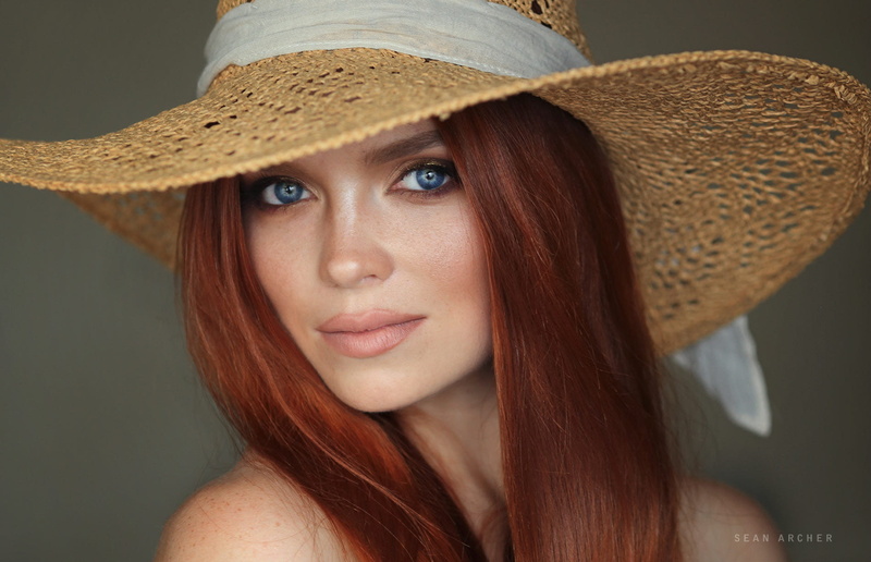 women, face, Sean Archer, blue eyes, simple background, redhead, portrait, 720P, hat