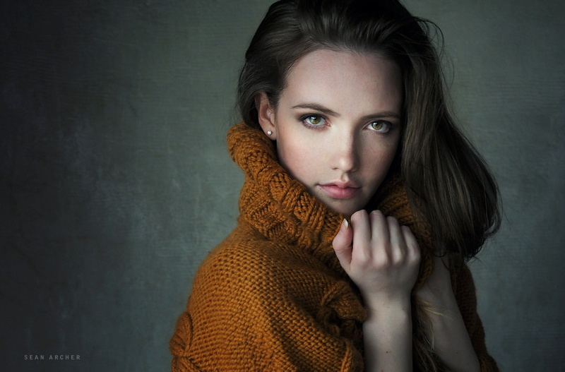 sweater, hair, clothing, beauty, women, looking at camera, headshot, scarf, portrait, beautiful woman, indoors, simple background, 720P, brunette, Sean Archer