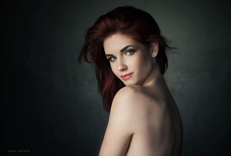 portrait, blue eyes, beautiful woman, adult, shirtless, beauty, looking at camera, hairstyle, contemplation, indoors, 720P, fashion, dyed red hair, Sean Archer